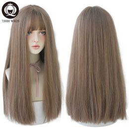 Synthetic Wigs 7JHHWIGS Long Straight Synthetic Light Brown Wigs With Bang For Women Heat-Resistant Daily Use Hair Hot Sell Wholesale Wigs 240328 240327