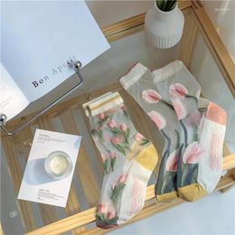 Women Socks Summer Ultra-thin Breathable Flower Lace Girls Transparent Silk Harajuku Sweet Crystal