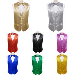 Vests Mens Vest Gold Silver Red Black Pink Blue Green Yellow Solid Solid Shine Silk VNeck Waistcoat Bowtie Set Barry Wang