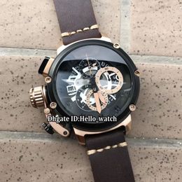 Left Handed 50mm U-51 U51 Chimera Bronze 7474 Skeleton Black Dial Quartz Chronograph Mens Watch Stopwatch Black Bezel Leather Stra314w