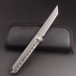New A5024 High End Flipper Knife Damascus Steel Tanto Point Blade CNC TC4 Titanium Alloy Handle Ball Bearing Outdoor Camping Hiking Fishing EDC Pocket Knives