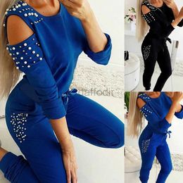 Women's Tracksuits Tracksuit Women Set Beading Decor Cold Shoulder Long Sleeve Top + Pants Suit Casual Lounge Wear Outfits 24318