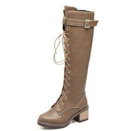 Boots Thick Heel Side Zipper CrossLace KneeLength Boots Belt LaceUp Rider Boots Round Toe Army Green Boots Grey Shoes