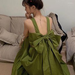 Casual Dresses Green White Sexy Sling Square Collar Backless Big Bow Tie Sweet Dress Girl 2024 Summer Vintage Fashion Fairy