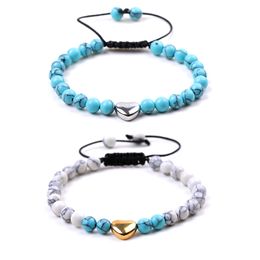 braided 6mm turquoise synthetic white green stone Beaded Strand Gold Stainless steel heart charms Buddha Bracelet for women men