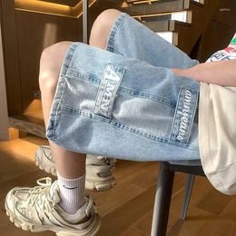 Men's Shorts Summer Cargo Denim Male Fashion Letter Pattern Loose Casual Knee Long Jeans Men Blue Baggy Short
