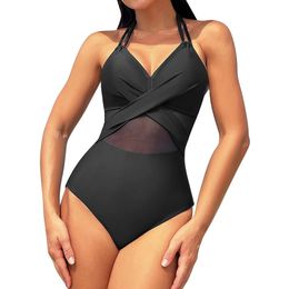 Women Swimwear Sexy One Piece Swimsuit Halter Tummy Control Swimwear Mesh Splicing Push up Vacation Beachwear Clothes