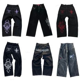 American Hip Hop Vintage JNCO Pattern Embroidered Jeans Men Women Y2K Street Punk Rock Casual Straight Wide Leg Pants 240311