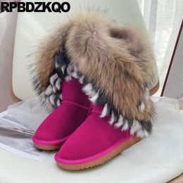 Boots Fox Fur Real Leather Slip On Flats Mid Calf Women Fuzzy Peach Fluffy Nubuck Plush Shoes Snowboots Snow Boots Metallic Elevator