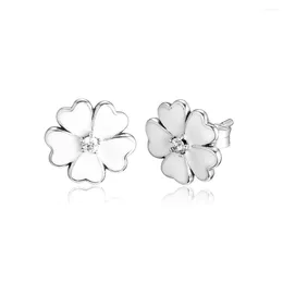 Stud Earrings CKK 925 Sterling Silver Primrose White Enamel For Women Original Jewellery Making Anniversary Gift
