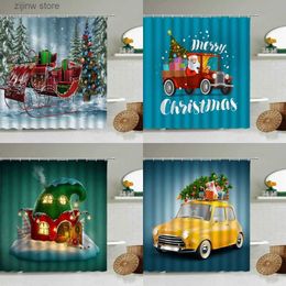 Shower Curtains Cartoon Merry Christmas Shower Curtain Fairy Tale House Elf Hat Fireplace Retro Waggon New Year Kids Bathroom Screen Home Decor Y240318