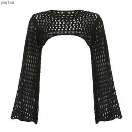 Women's T-Shirt Women Y2k Crochet Knit Hollow Out Crop Top Long Flared Sleeve Shrug Sweater Mesh Cover Ups Cardigan Streetwear Pullover WomenL2403