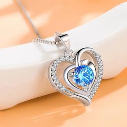 Pendants Charming Crystal Double Heart Pendant Necklace For Women Jewellery Trendy S925 Chain Lady Silver Choker Accessories Shiny