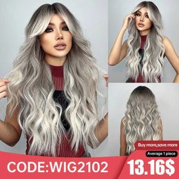 Synthetic Wigs Long Wavy Gray Ash Brown Blonde Ombre Synthetic Wigs with Bangs Cosplay Natural Curly Hair Wig for Women Afro Heat Resistant 240329