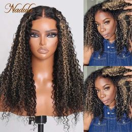 Synthetic Wigs Nadula Curly Hair 7x5 Pre Cut Lace Closure Wig Balayage Black and blonde Highlights Kinky Curly Wig Pre Bleached Knots 240329