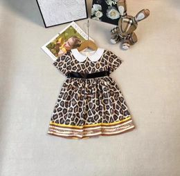 2024 Summer girls leopard dresses children doll lapel short sleeve princess dress designer kids letter printed clothes S1227