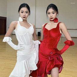 Stage Wear Latin Dance Competition Dress Women Red White Velvet Performance Clothes Adult Rumba Cha Sexy Costume DNV19318