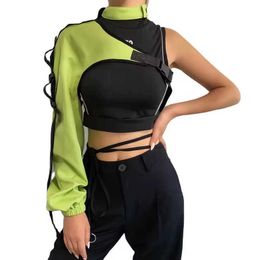 Custom Hip Hop Tops Strap Collar Long Sleeve t Shirt Unique Design Green Asymmetric One Shoulder for Women Girls