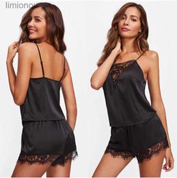 Women's Sleepwear Hot Ladies Sleepwear Women Sexy Lingerie Lace Satin Pyjamas Set Elegant Sleeveless Top And Shorts Night Suit Pj Underwear SetC24319