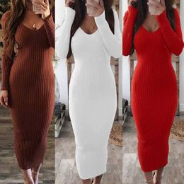 Basic Casual Dresses Sale Christmas Casual Dresses Women Sexy Women Long Sleeve V Backless Ribbed Slim Knitted Midi Dress 24319