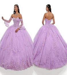 Puffy Lilac Juliet Long Sleeve Quinceanera Dresses 2021 Embroidery Lace Beaded Rhinestones Layers Sweet 16 Dress Vestidos De Prom 2302951