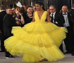 Yellow Tiered Tulle Prom Dresses Sexy Deep V Neck A Line Celebrity Evening Dress Red Carpet Dress Formal Women Gowns 20215050098