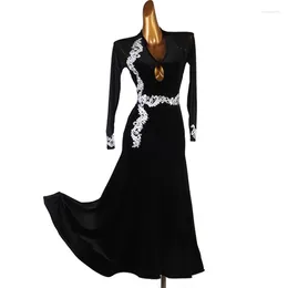Stage Wear Waltz Ballroom Dress Dance Competition Costume Performance Outift Evening Gown Party Clothes Applique Mesh Long Sleeves