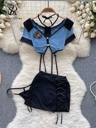 Sexy Set SINGREINY Women Preppy Style Sexy Uniform Sets 2023 V Neck Sheer Top+Lace Up Mini Skirt+Thongs Hollow Out Cosplay Porn Suits 24319