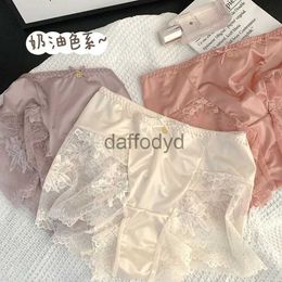 Women's Panties Large underwear womens high-waisted sexy lace mesh stitching ice silk satin mulberry silk crotch bowknot boxers Panties sexy 240319