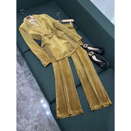 2024 Spring Khaki Solid Color Two Piece Pants Sets Long Sleeve Lapel Neckline Double-Button Blazer Blazers Top + Set Trousers Suits F4J15026