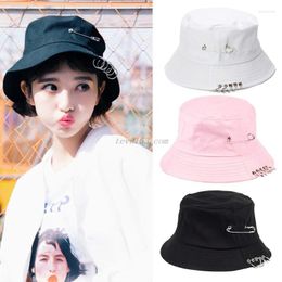 Berets Unisex Harajuku Punk Cotton Personality Bucket Hat Metal Pin O-Ring Solid Colour Wide Brim Foldable Hip Hop Fisherman Cap