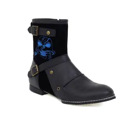 Stiefel Herren Vintage Motorrad PU Leder Schnalle Reißverschluss Gestickter Totenkopf Runde Zehen West Cowboy Kight Bequem