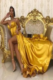 Yellow Gold Sweetheart Satin Mermaid Split Long Prom Dresses Black Girls Ruched Formal Sweep Train Formal Party Evening Gowns BC403672341