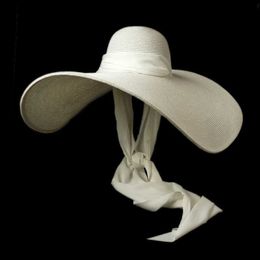 Wide Brim Hats Bucket Hats Womens white 25cm oversized sun hat soft ribbon wide tie Brim soft hat giant beach hat summer Kuntukiderby hat Y240319