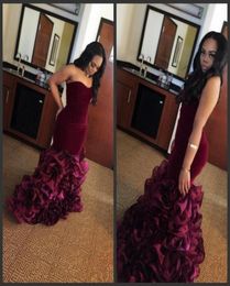 2019 Strapless Mermaid Prom Dresses Burgundy Satin Zipper Back Cocktail Party Gowns Button Tiered Skirts Formal Evening Dresses Cu7206390