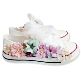 Shoes 2023 New Korean Fantasy 7 Colour DIY Flowers Vulcanised Shoes Pearl HandMade Designer Women's Rhinestone Platform Canvas Shoes