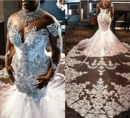 2020 Plus Size Wedding Dresses Lace Appliqued Crystal Beads High Collar Mermaid Wedding Dress Custom Made Country Style Bridal Gow3442033