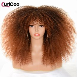 Wigs Afro Curly Wigs for Black Women Black to Brown Afro Kinky Curly Wig with Bangs 18Inch Synthetic Fibre Glueless Cosplay Hair