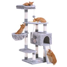 Heybly Tree, Tower for Indoor Cats Scratching Board, Multi-level Cat Furniture Condo with Feeding Bowllight Gray HCT010W