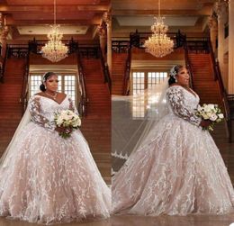 Plus Size Wedding Dresses Long Sleeves Bridal Gown V Neck Beads Appliqued Lace Beach Custom Made Sweep Train Boho Chic A Line Robe1998506