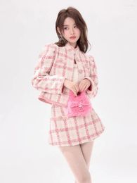 Work Dresses Temperament Plaid Woollen Jacket Skirt Two-piece Set Women Korean Stand Collar Pink Fashion Celebrity Lady Slim Winter Suit