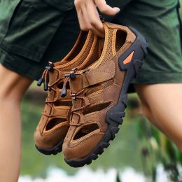 Slippers Summer Mens Genuine Leather Sandals Antiskid Breathable Outdoor Sandalias Trekking Casual Beach Shoe Male Loafers Big Size 3848