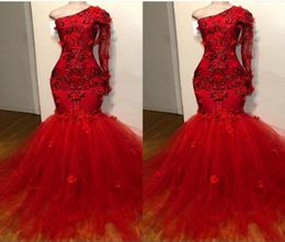 Red Long Sleeve Mermaid Sexy Prom Dresses Tulle Lace Ruffle One Shouler Zipper Up Court Train Evening Dresses Pagent Gowns9646621