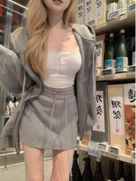 Work Dresses Sweet Girl Casual Suit Women's Spring Loose Hooded Jacket Drawstring High Waist Mini Skirt Two-piece Set Fashion Female Clothes