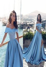 Burgundy Baby Blue Prom Dresses Off Shoulder Backless Plus Size Side Split Evening Dress Pleats Long Sweep Train Arabic Dresses Pa1765545