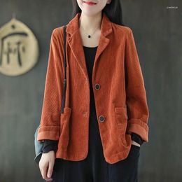 Women's Suits Corduroy Suit Collar Solid Colour Short Coat Women Autumn Long Sleeve Pocket Literary And Retro Casual Top