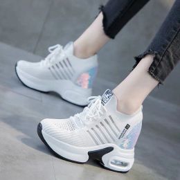 Shoes Aircushioned Women's Sneakers Running Wedge Platform Sneakers Trainers White Glitter Fly Weaving Breathable Ladies' Casual Shoe