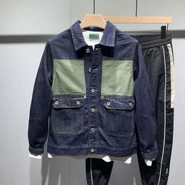 Korean Fashion Patchwork Denim Jacket For Men Spring Autumn American Pockets Cargo Streetwear Trend Male Coat Mens Clothing 240311