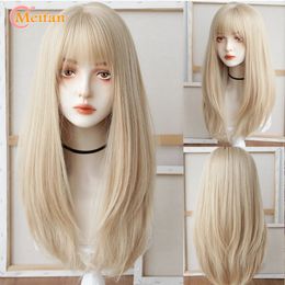 MEIFAN Synthetic Long Straight Lolita Wig with Bangs Wig Girl Cute Ombre Pink Blonde Black Cosplay Party Halloween Harajuku Wig 240305