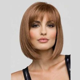Synthetic Wigs New fashion wig black dark brown short straight hair synthetic chemical fiber high temperature silk full mechanism head cover 240329